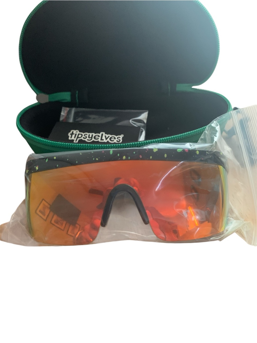 Tipsy Elves Red hundo Mirrored Sports sunglasses with Green Zip Case